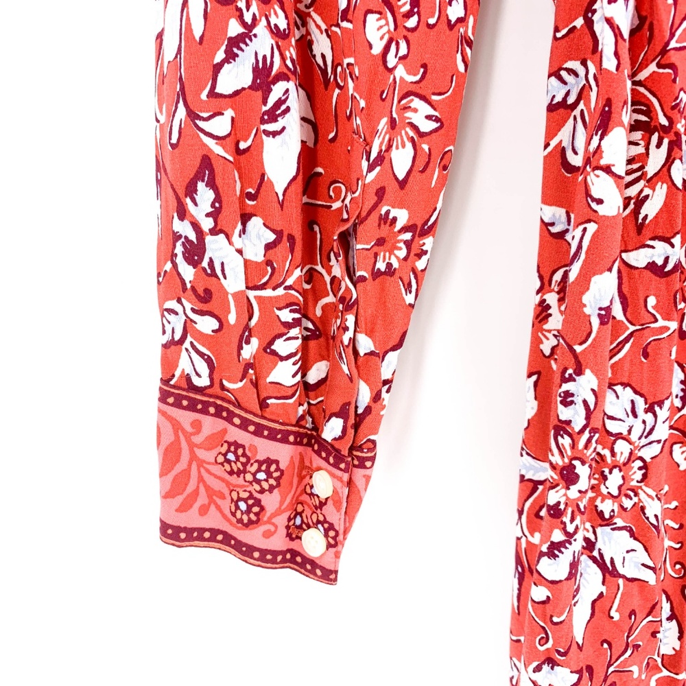 Loft Red Floral Long Sleeve Tie Waist Dress - Picture 6 of 7